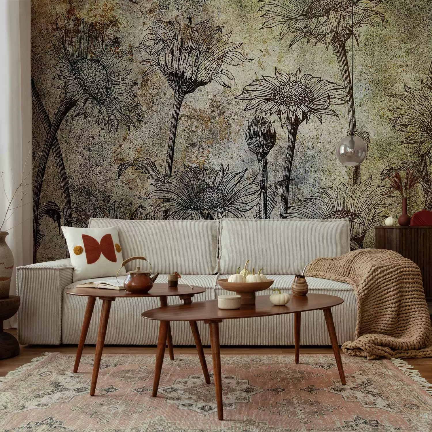 Wall Mural Old engraving - blooming field flowers with leaves in retro  style - bimago, image size:1500x1500