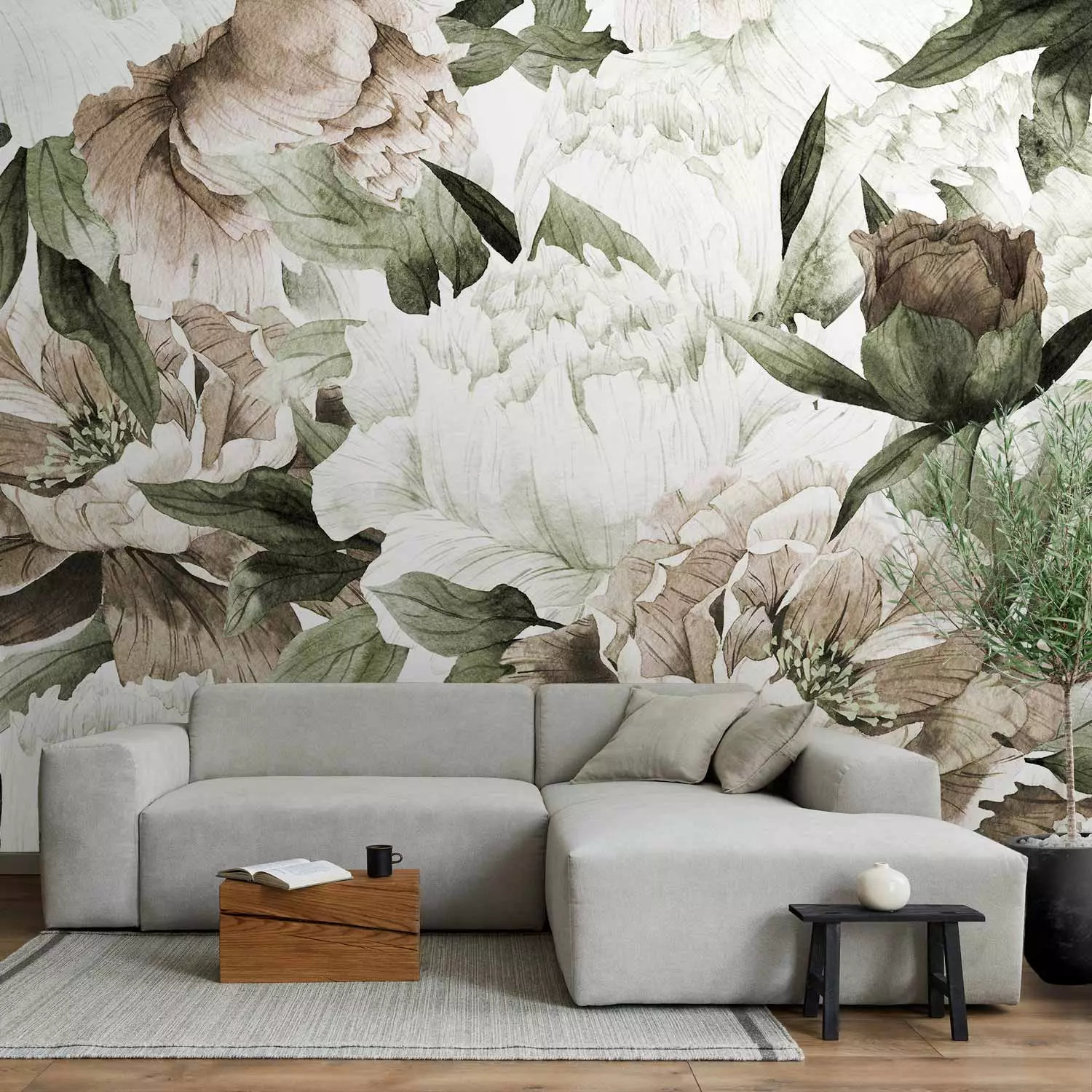 Wall Mural Flowers in bloom - floral motif composition with peonies and leaves