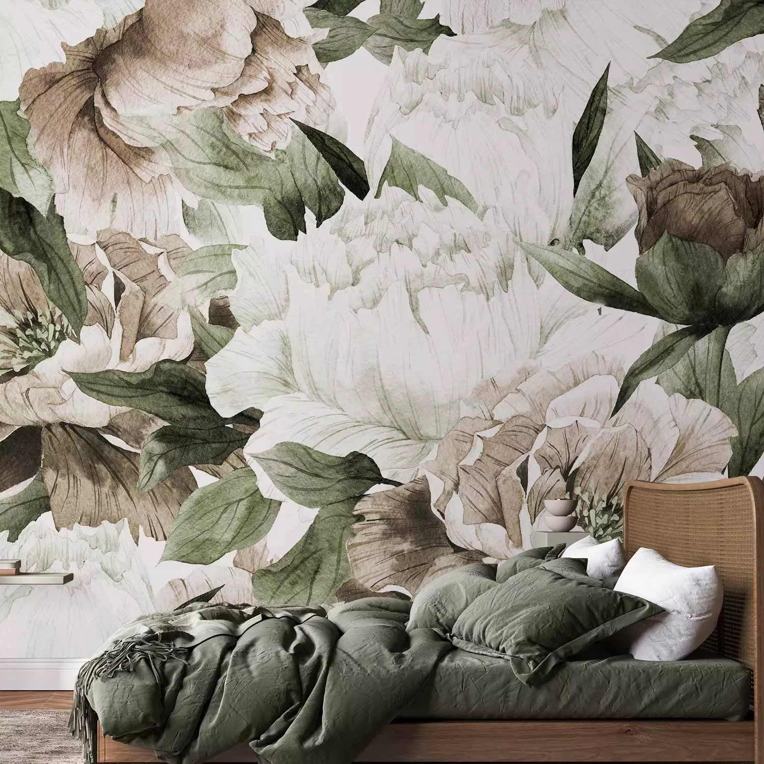 Wall Mural Flowers in bloom - floral motif composition with peonies and leaves