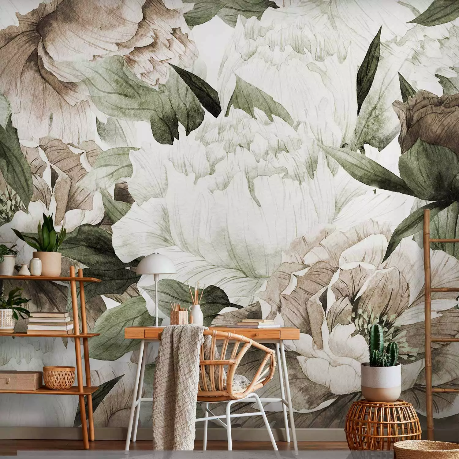 Wall Mural Flowers in bloom - floral motif composition with peonies and leaves