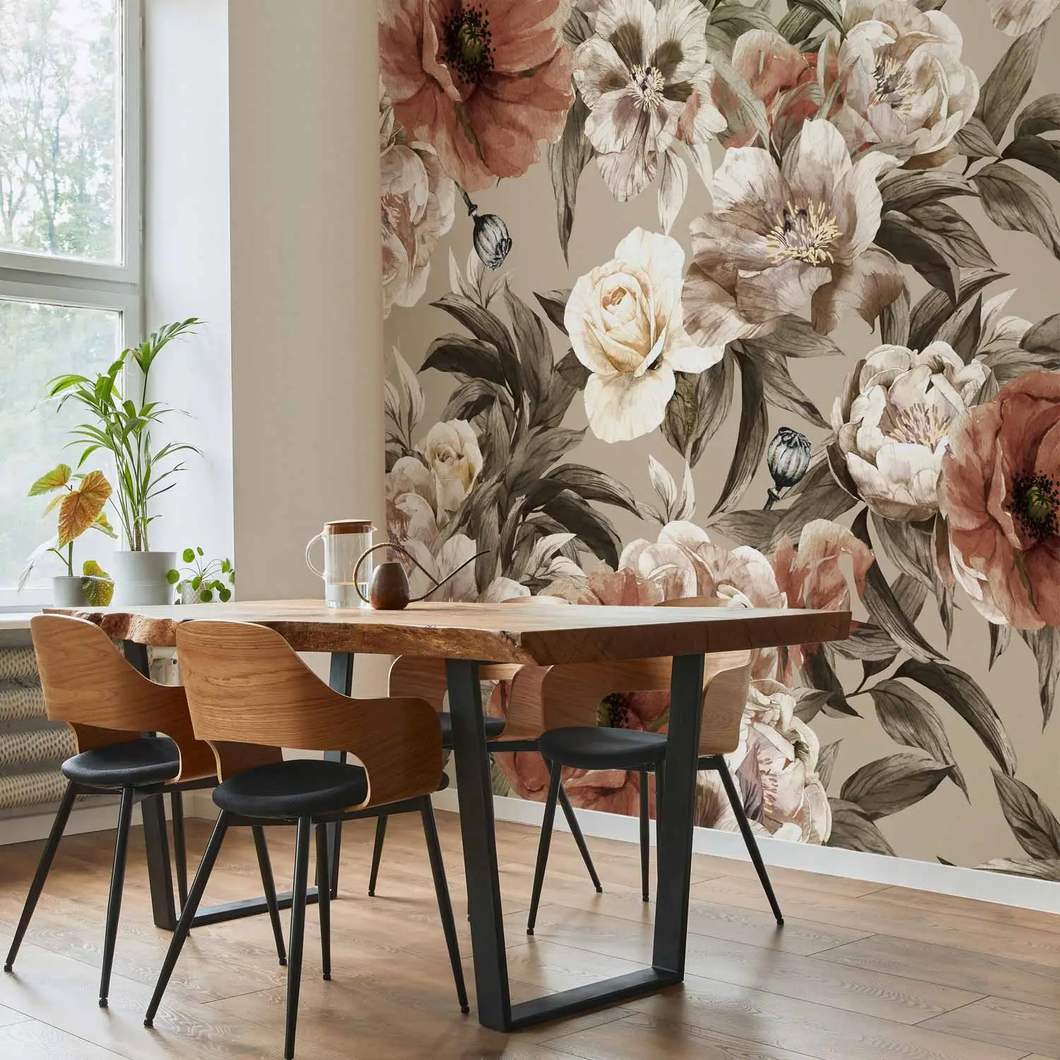 Wallarena 3D Vintage Rose & Peony Photo Wallpaper Mural - Red & Green - Custom Size