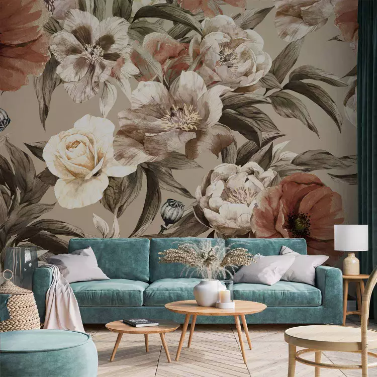 Vibrant poppies roses and peonies - flower motif with leaves in vintage style