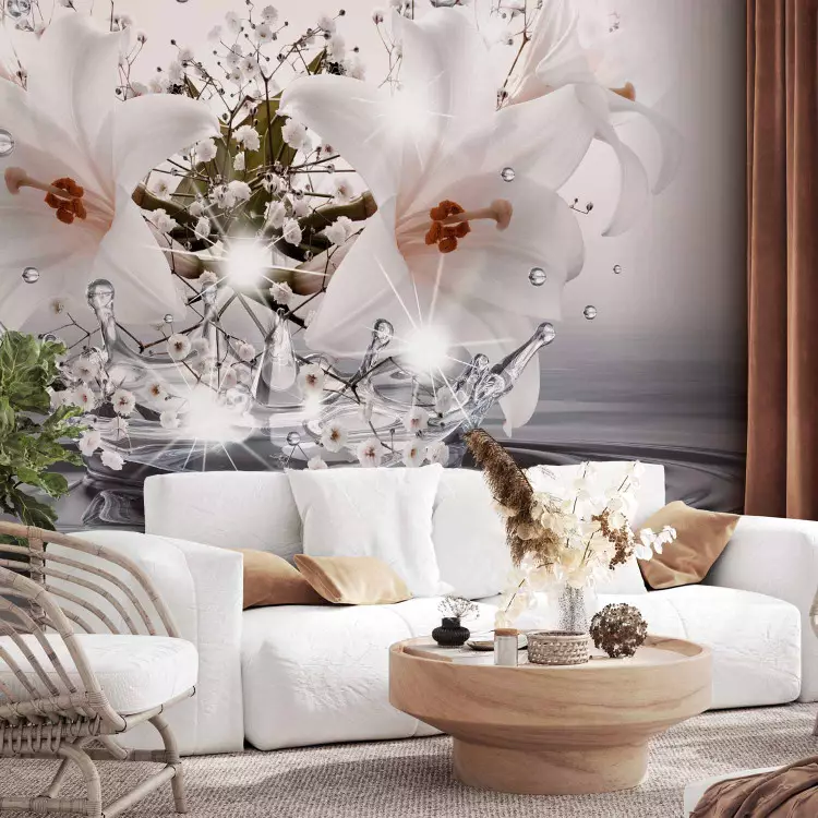 Abstract floral motif - white lily flowers on a grey sheet of water