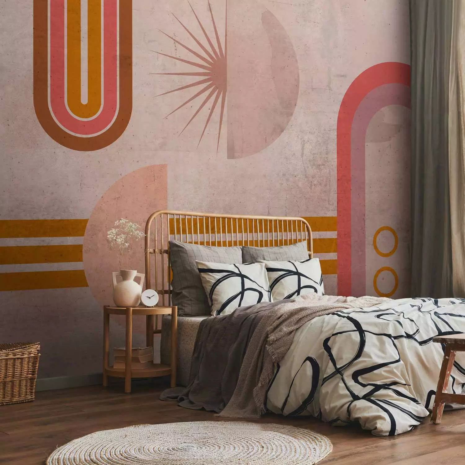Photo Wallpaper Astronomical geometry - circles, arcs and stripes on a pink background