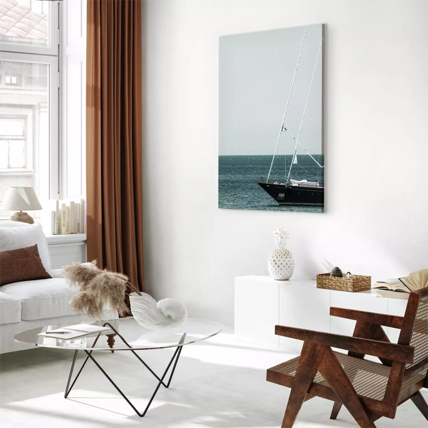 Canvas Print Mediterranean Expedition Vertical - landscape with a sailboat