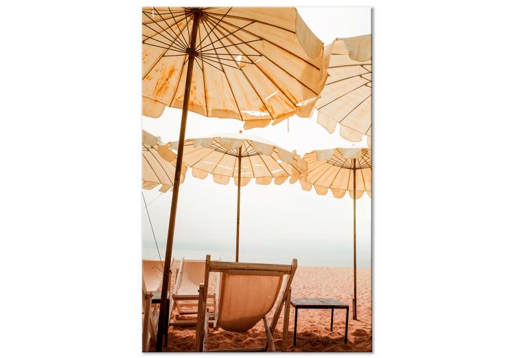 Canvas Beach umbrellas - Landscape with sand, sun loungers and Mediterranean