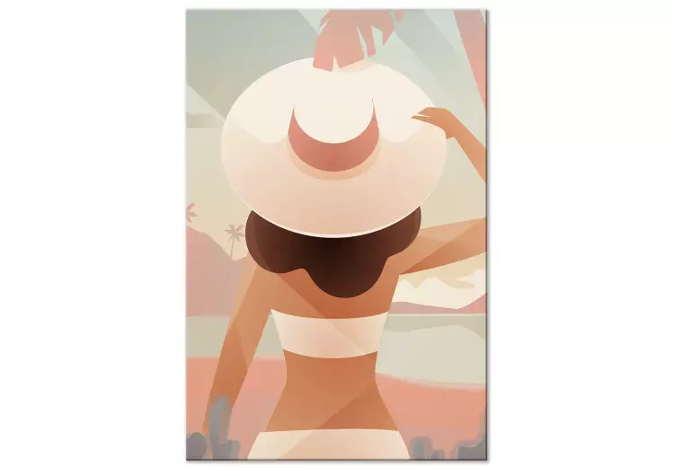 Canvas Girl in a hat on the beach - graphic with sea, woman and palm trees
