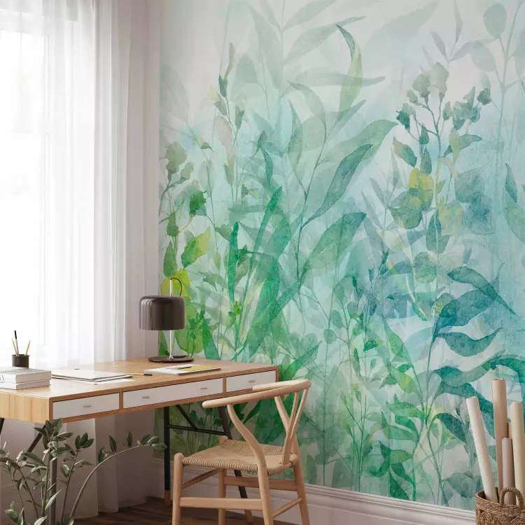 Wall Mural Minimalist composition - leaf motif in blue and green watercolours