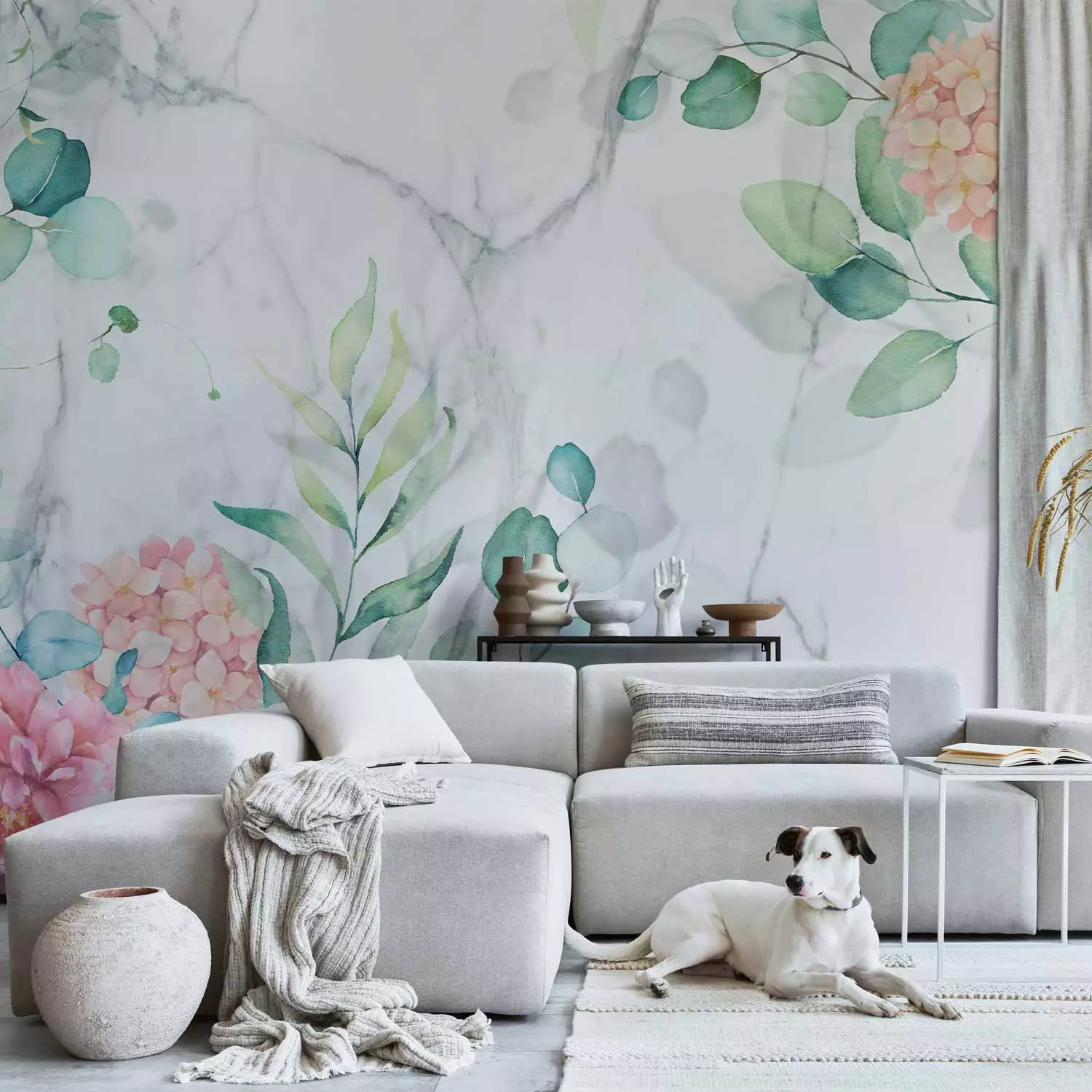 Photo Wallpaper Flowered marble - flower motif on white marble background with designs