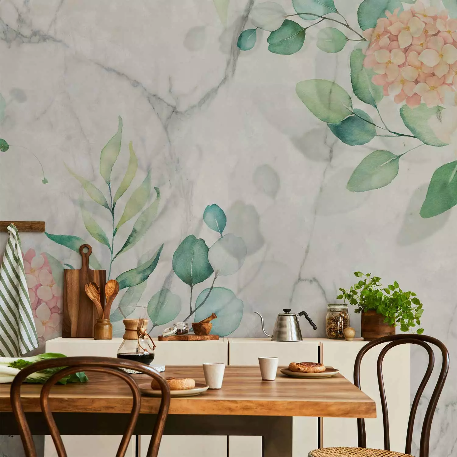 Photo Wallpaper Flowered marble - flower motif on white marble background with designs