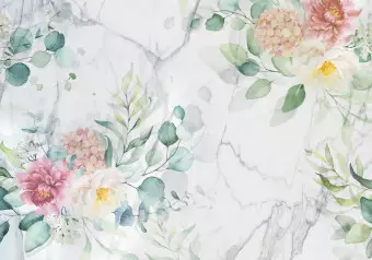 Photo Wallpaper Flowered marble - flower motif on white marble background with designs Wallpaper Cropper