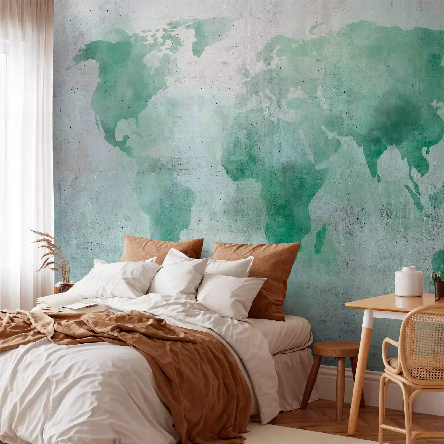 Wall Mural Mint world - watercolour world map on a background with concrete pattern
