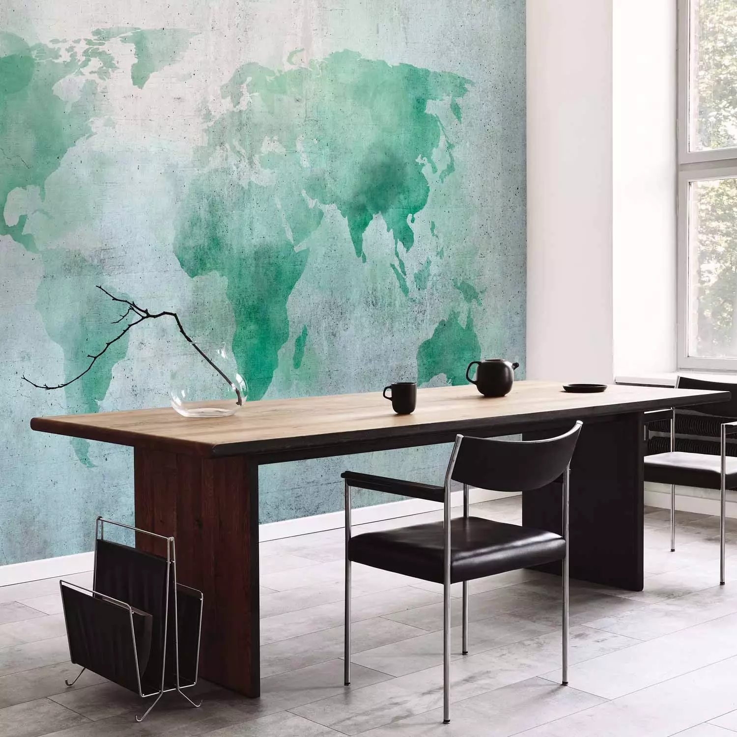Wall Mural Mint world - watercolour world map on a background with concrete pattern