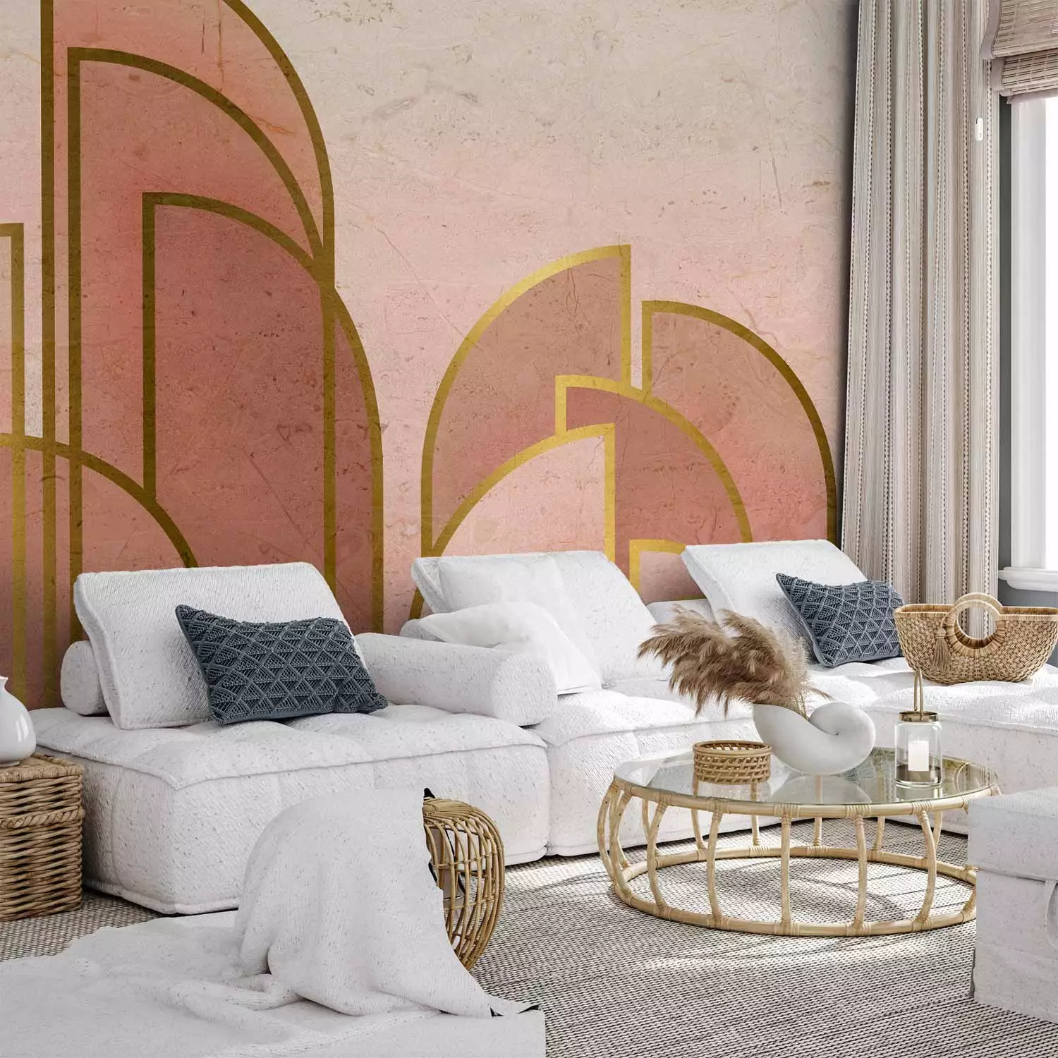 Photo Wallpaper Pink abstract with arches - geometric composition in art deco style