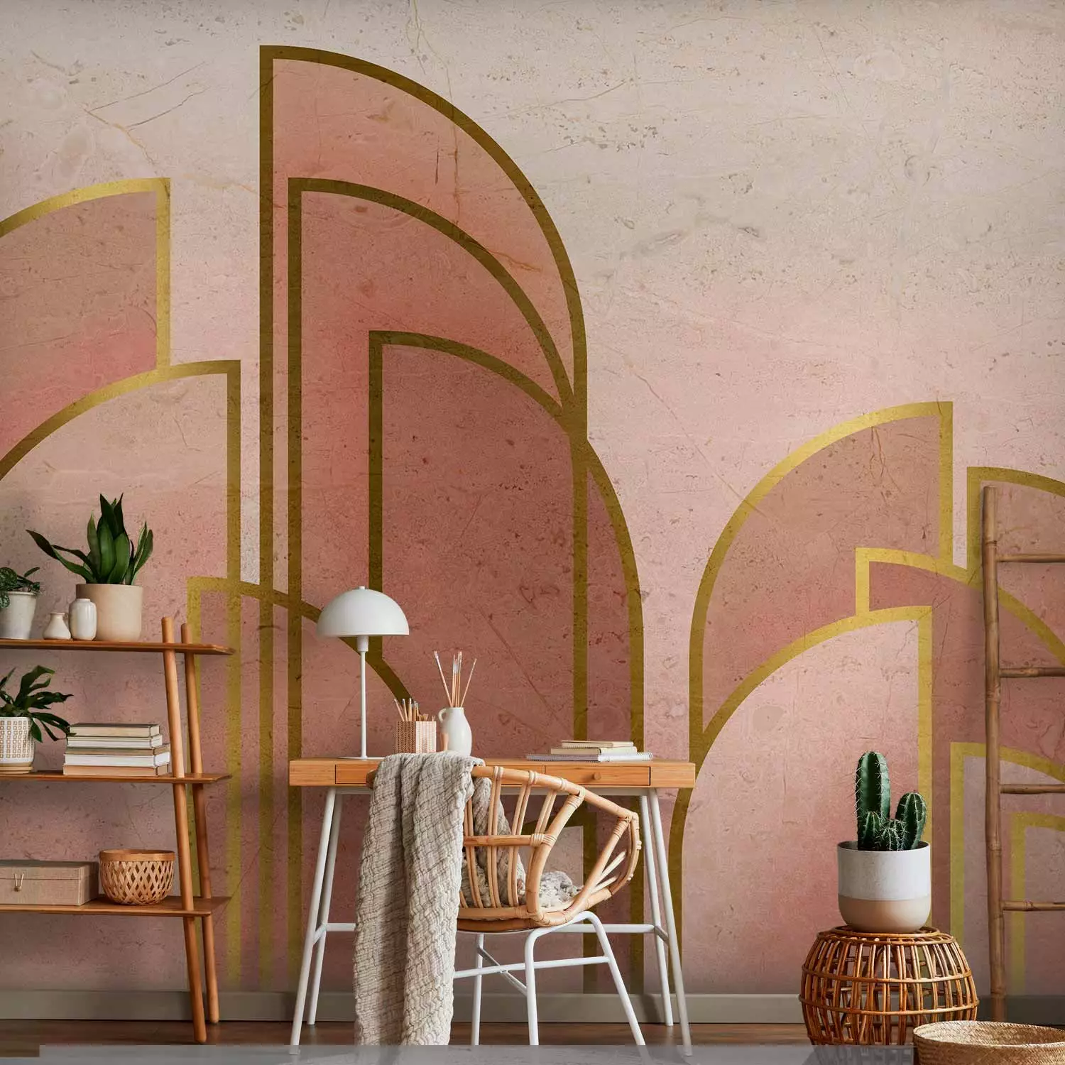Photo Wallpaper Pink abstract with arches - geometric composition in art deco style