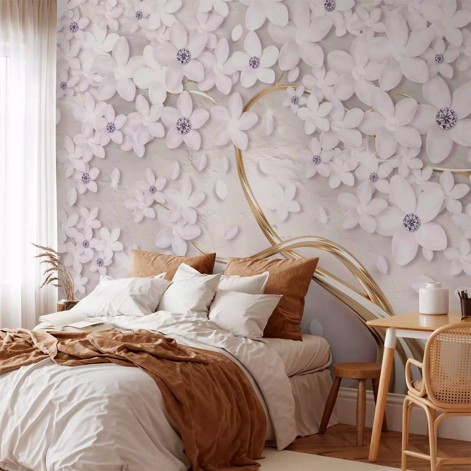 Wall Mural Flowers on gold - white flakes emphasized with a golden twig