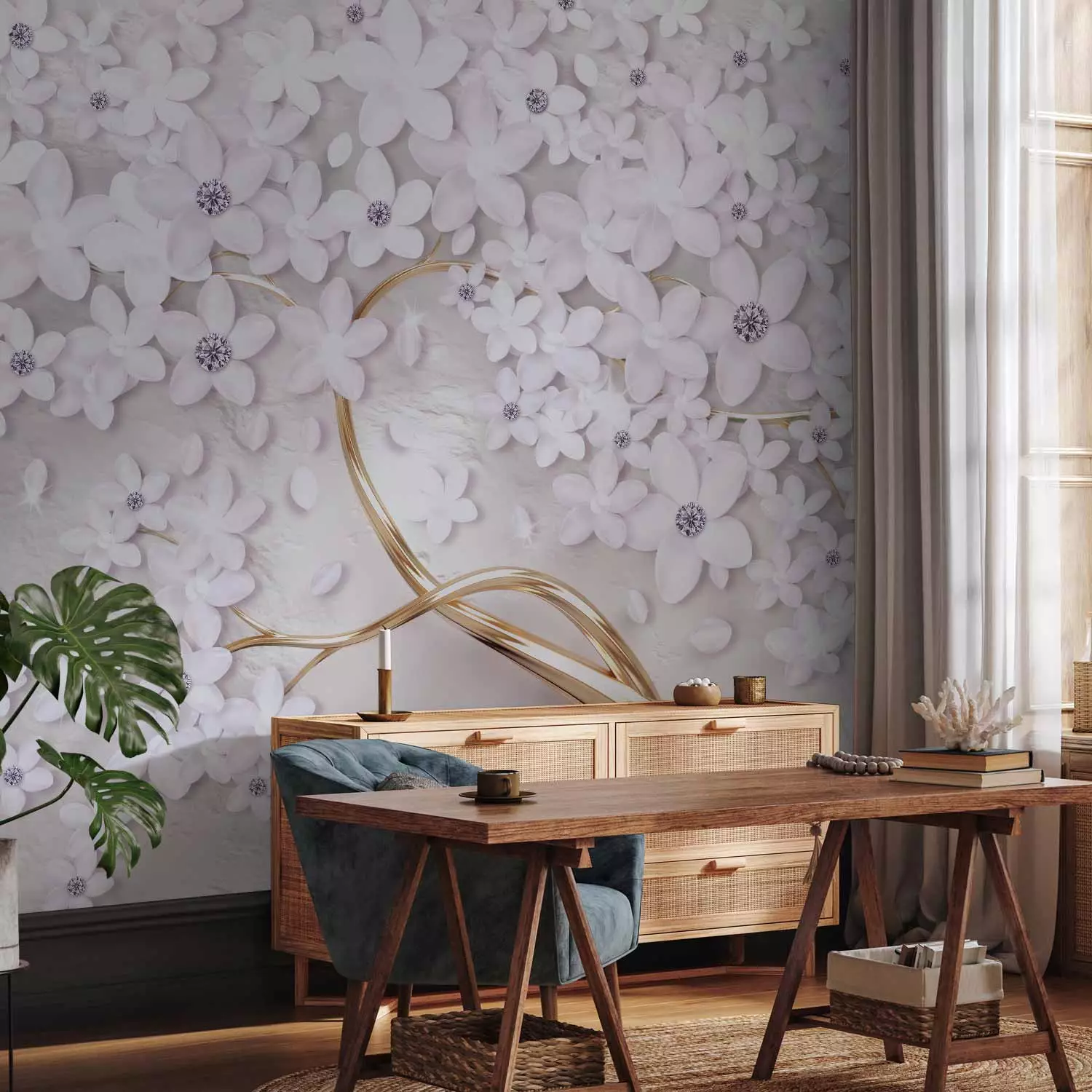 Wall Mural Flowers on gold - white flakes emphasized with a golden twig