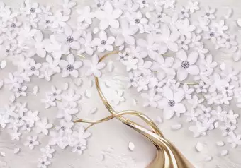 Wall Mural Flowers on gold - white flakes emphasized with a golden twig Wallpaper Cropper