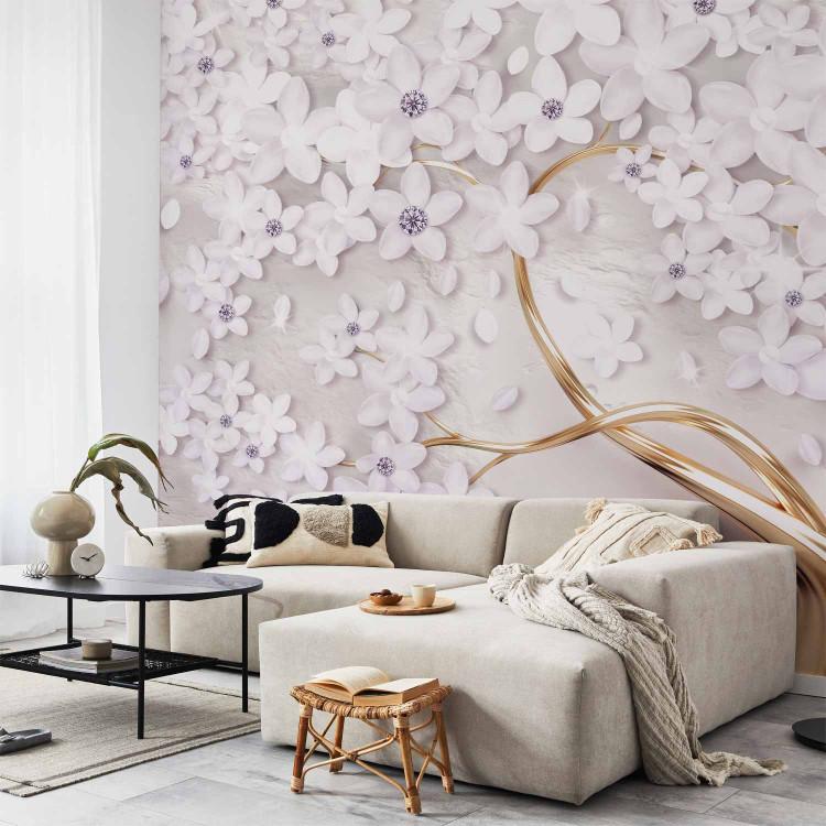 Wall Mural Flowers on gold - white flakes emphasized with a golden twig