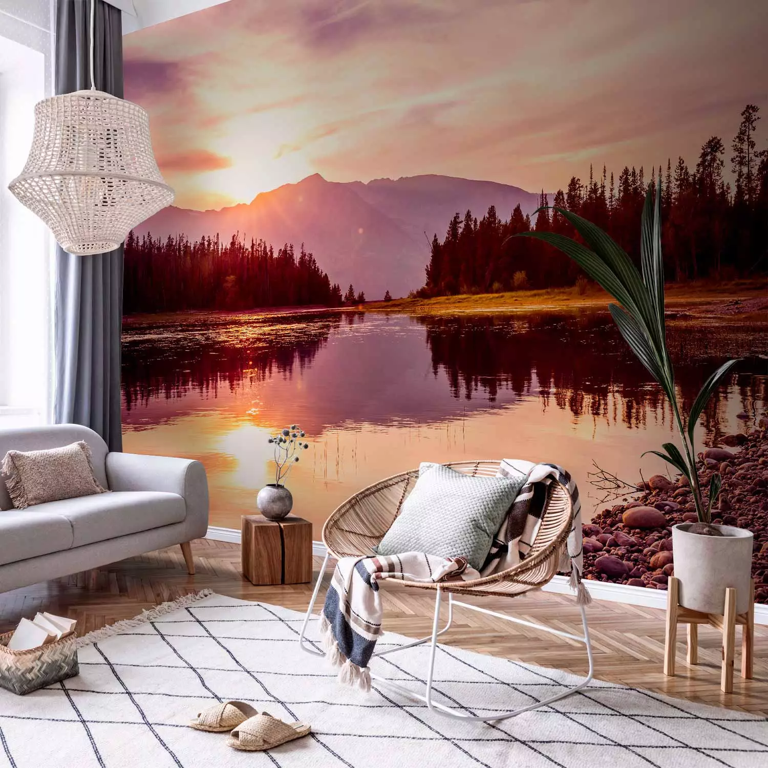 Photo Wallpaper Autumn landscape with sunset - mountain landscape with lake and forest