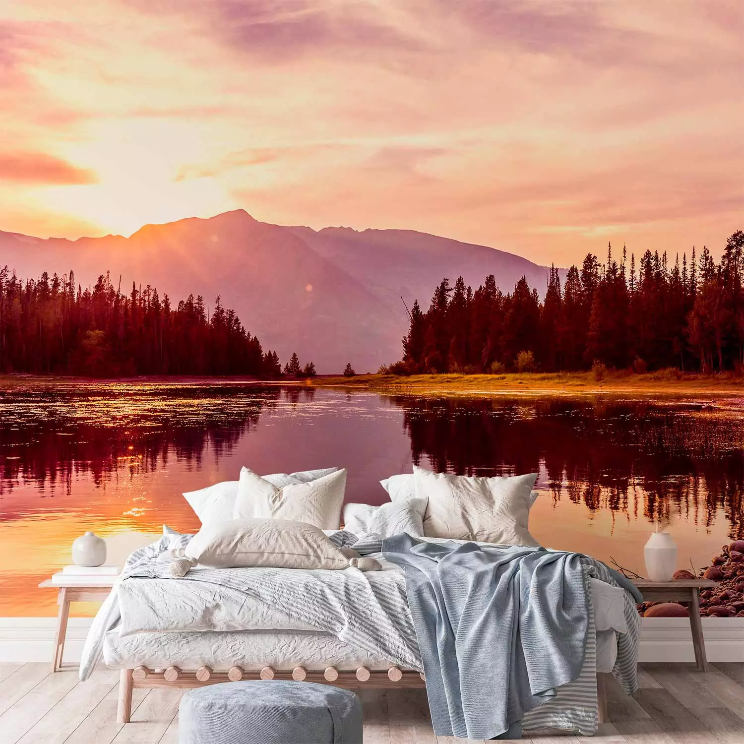 Photo Wallpaper Autumn landscape with sunset - mountain landscape with lake and forest