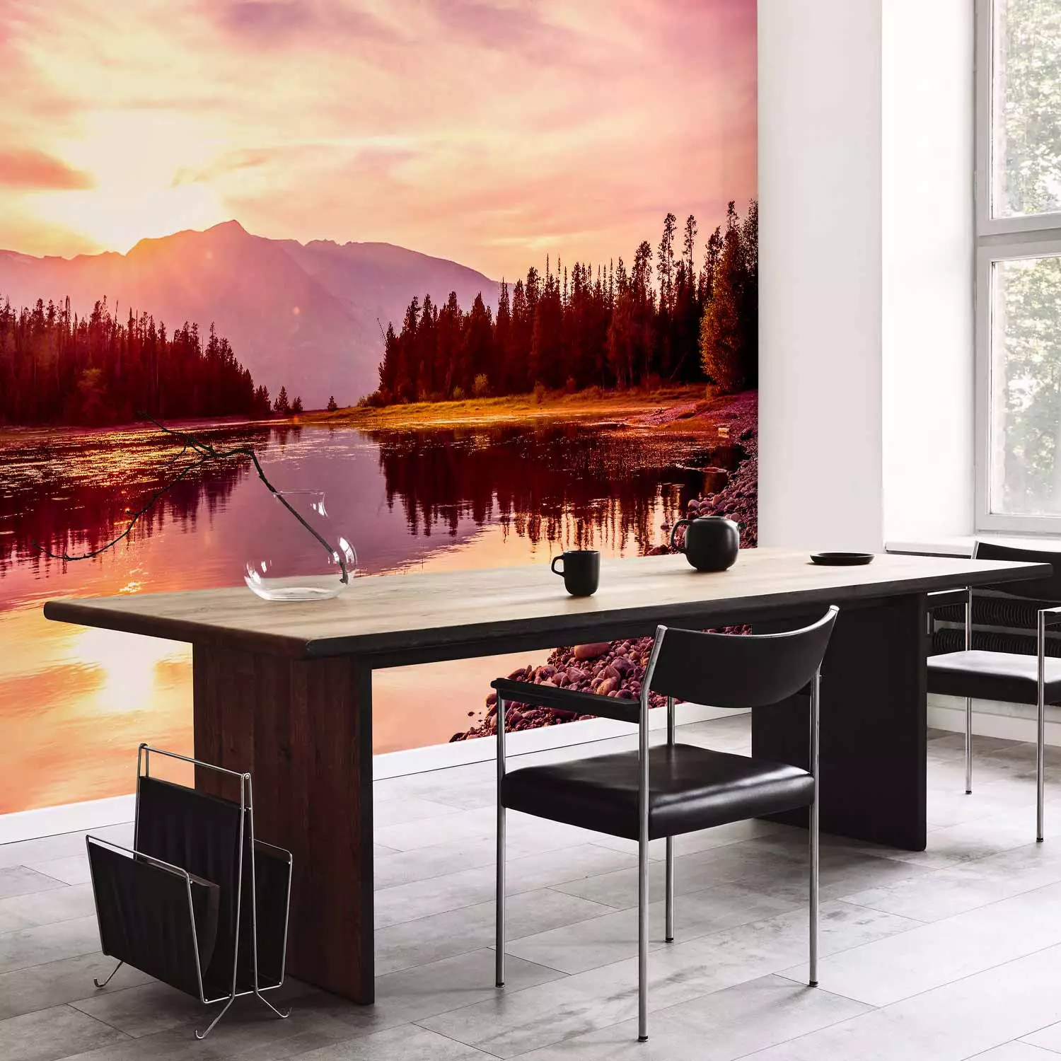 Photo Wallpaper Autumn landscape with sunset - mountain landscape with lake and forest