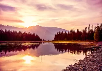 Photo Wallpaper Autumn landscape with sunset - mountain landscape with lake and forest Wallpaper Cropper