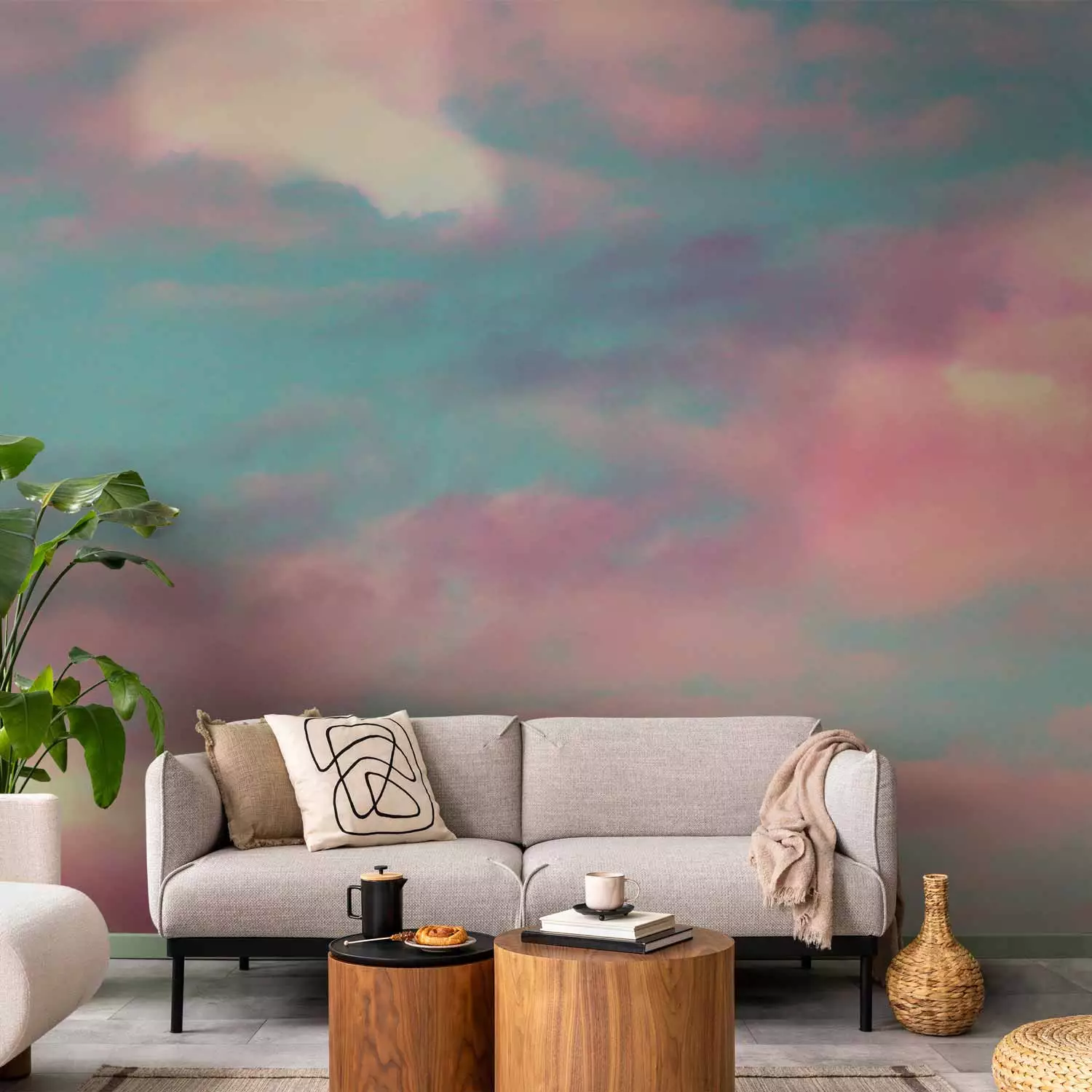 Wall Mural Colorful clouds - Blue sky with pink and white clouds