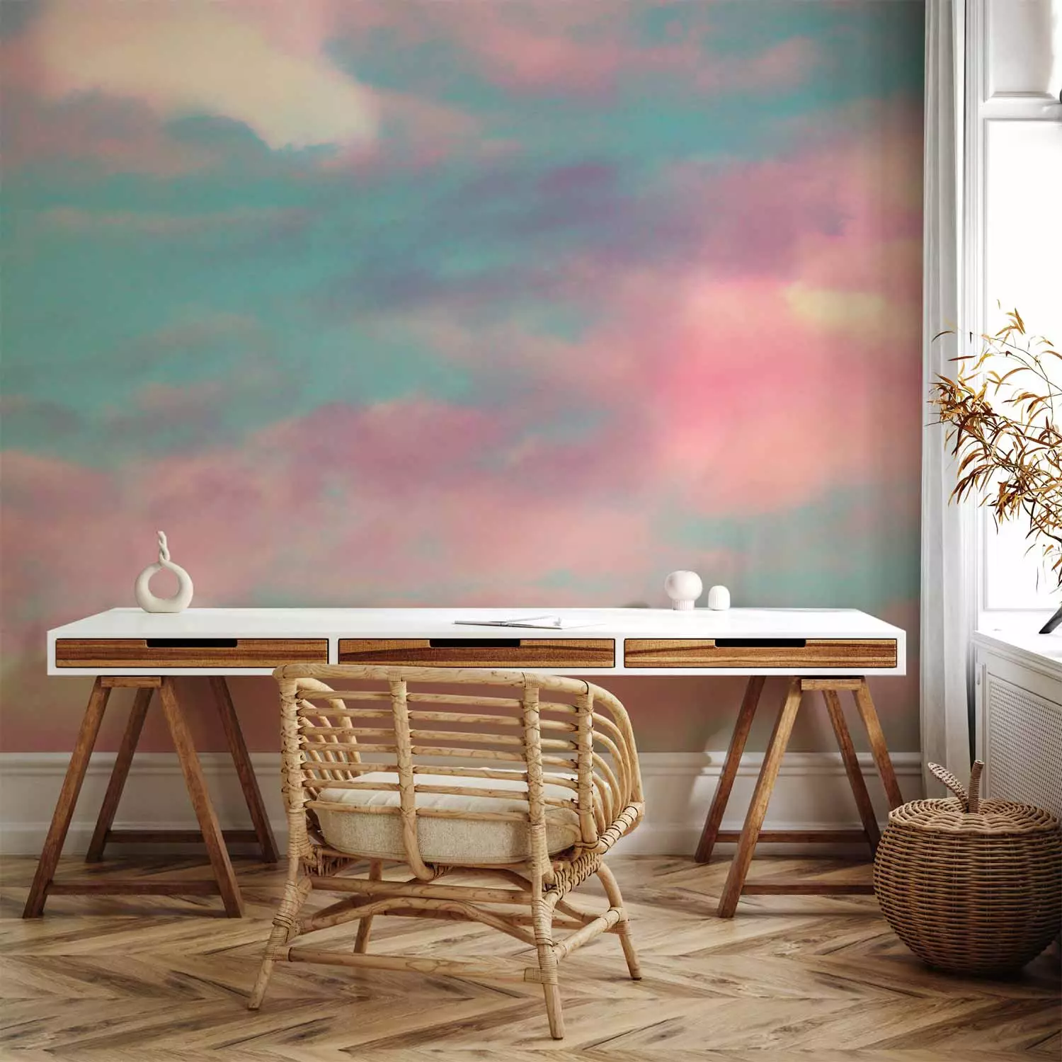Wall Mural Colorful clouds - Blue sky with pink and white clouds