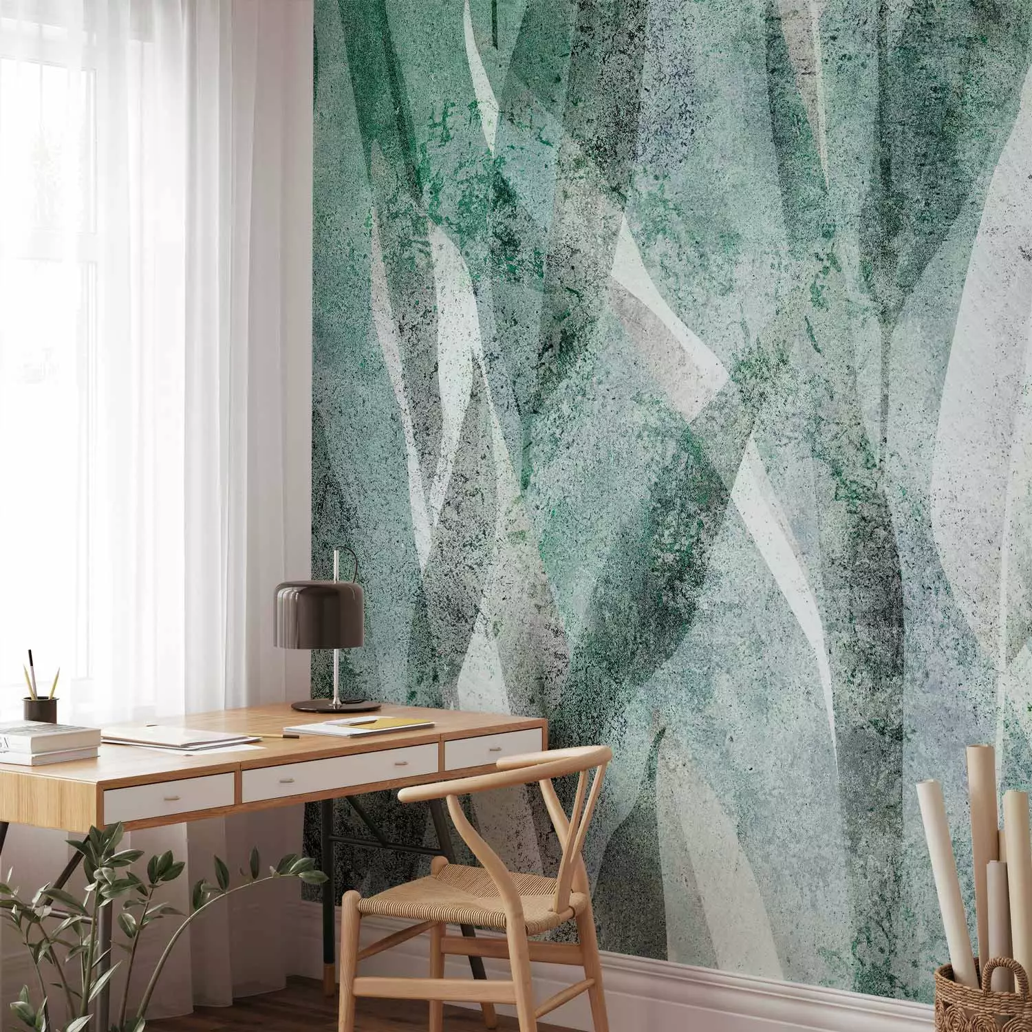 Wall Mural Green, white and gray leaves - composition with plant motifs