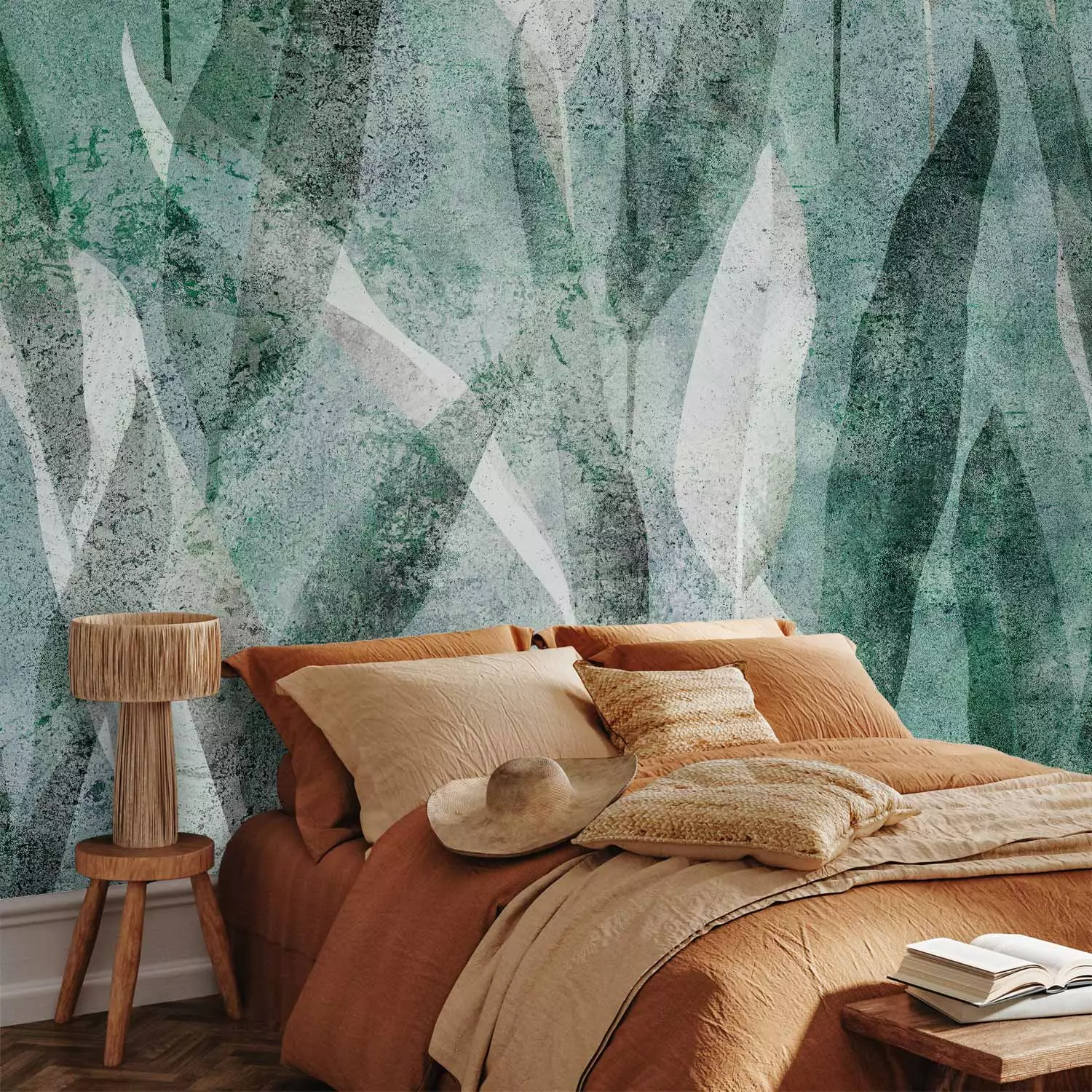 Wall Mural Green, white and gray leaves - composition with plant motifs