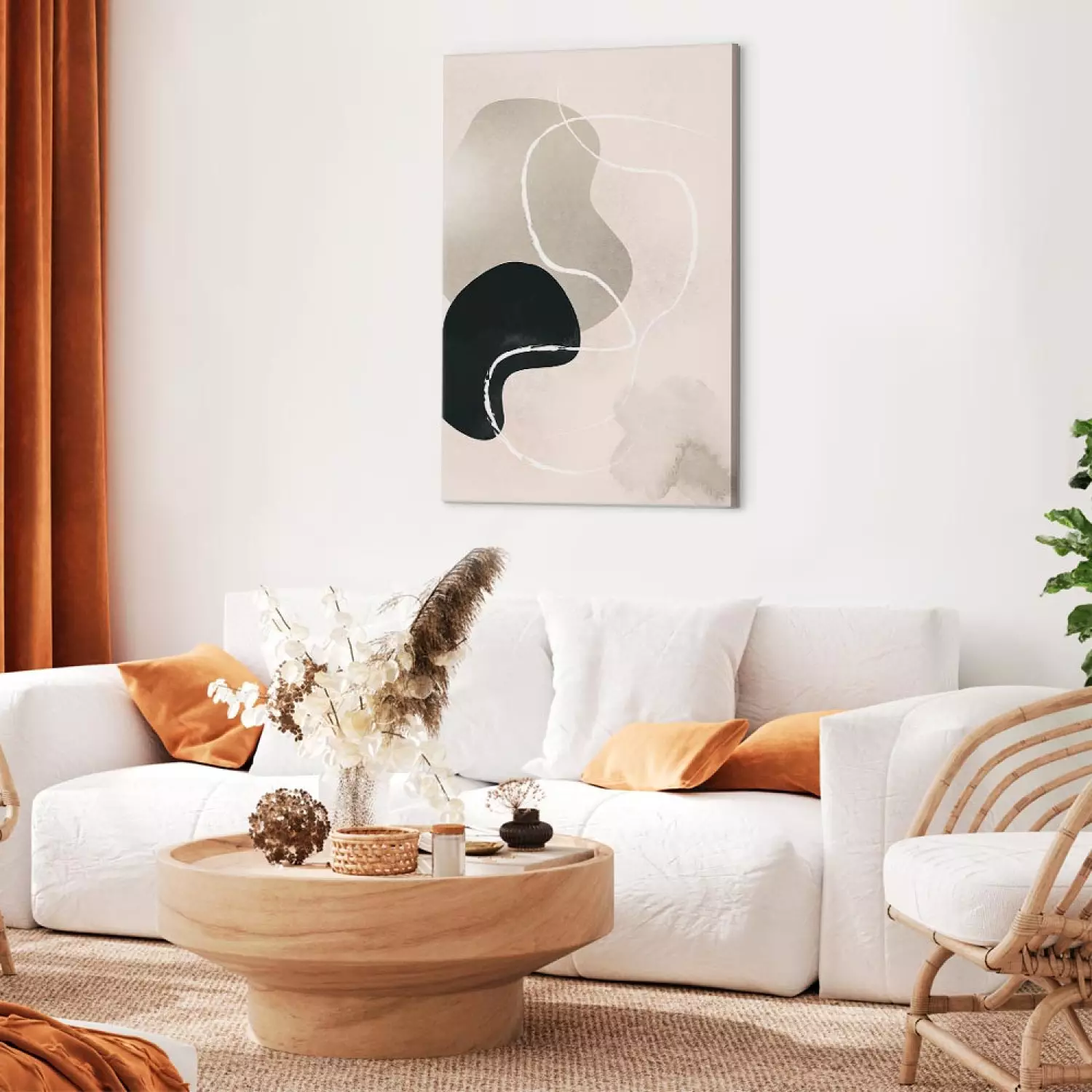 Canvas Print Gray and black streaks with white thread - Scandi Boho style