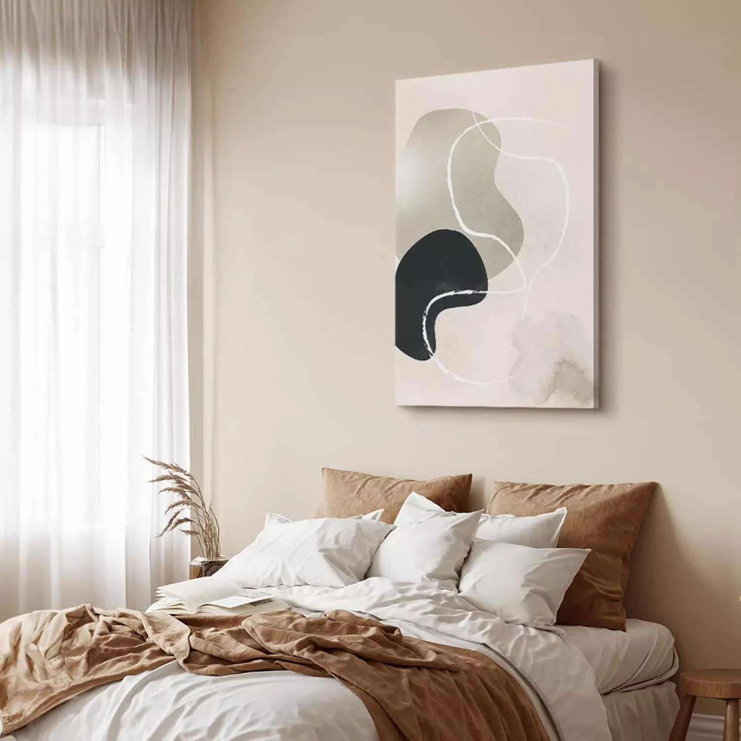 Canvas Print Gray and black streaks with white thread - Scandi Boho style