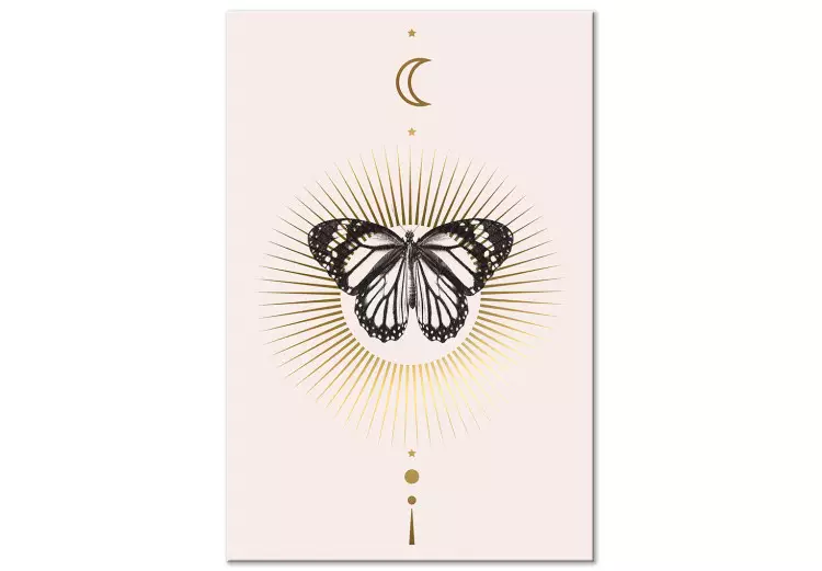 Black and white butterfly on the background of the sun - composition with the moon, sun and planets of the Solar System on a scandiboho background