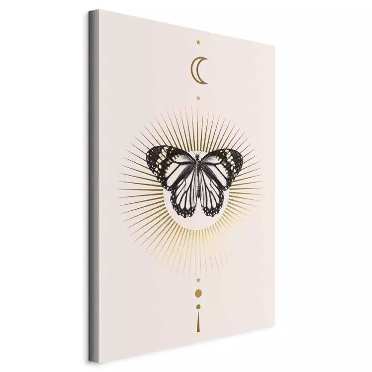 Black and white butterfly on the background of the sun - composition with the moon, sun and planets of the Solar System on a scandiboho background