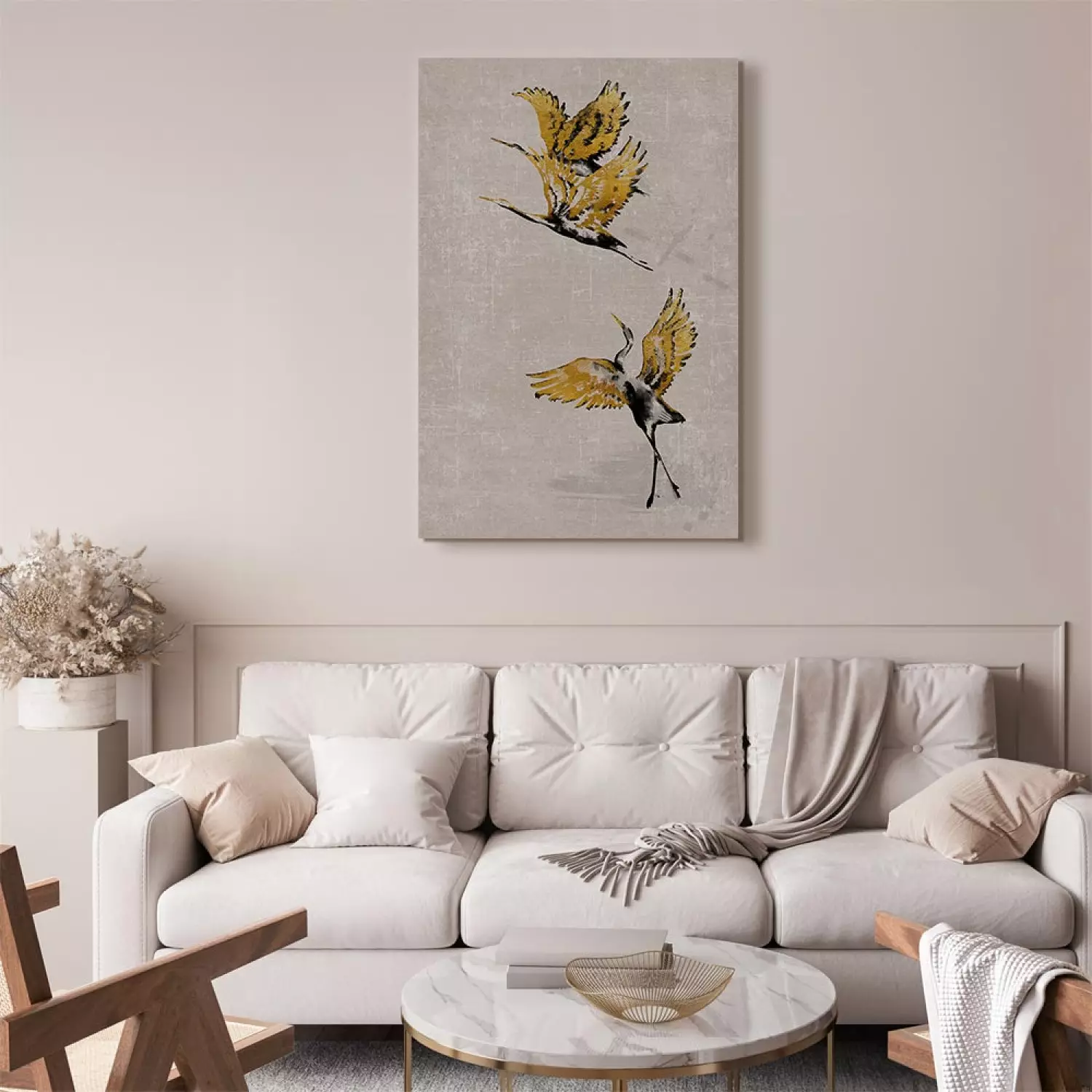 Canvas Print Golden cranes - a stylized japanese-style composition in beige