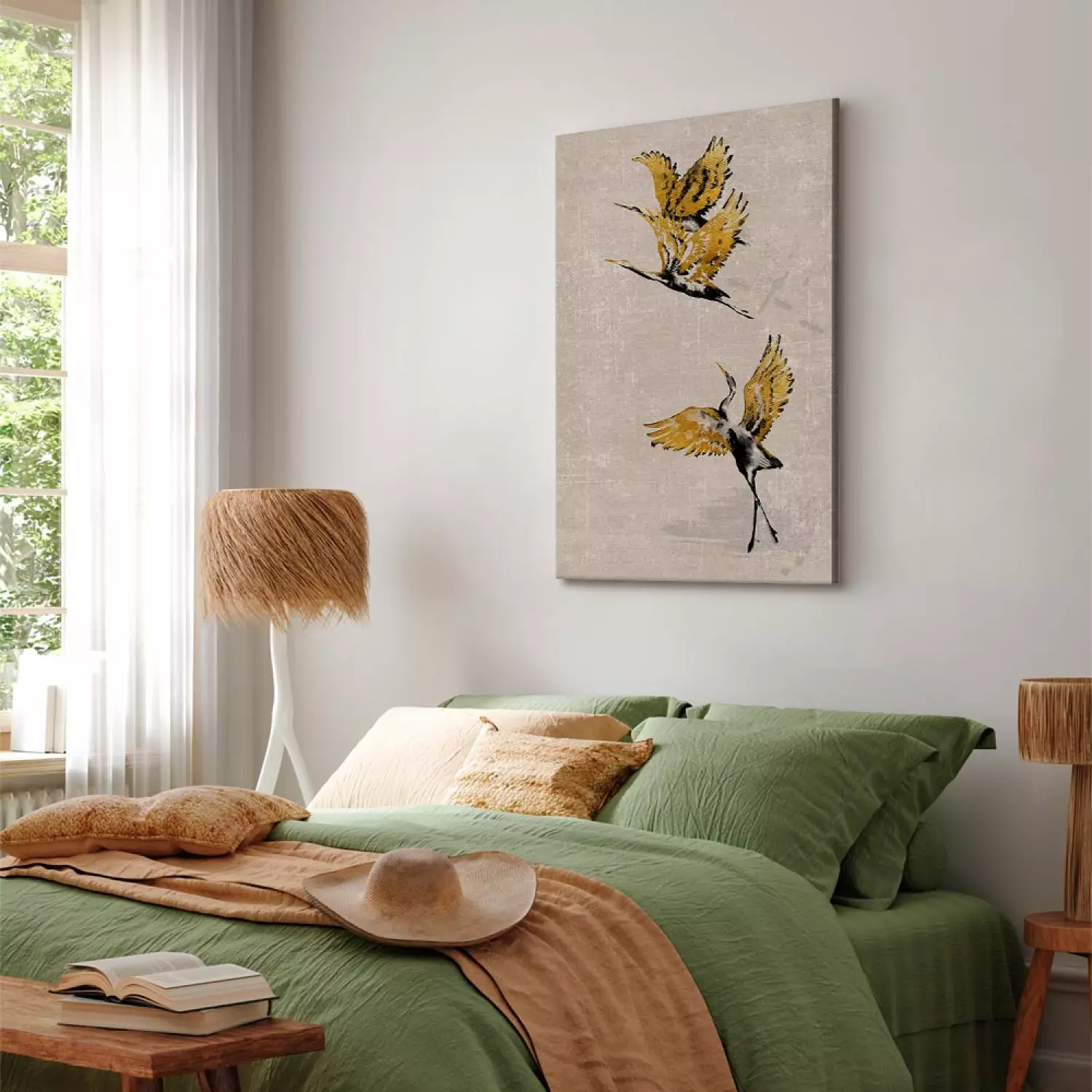 Canvas Print Golden cranes - a stylized japanese-style composition in beige