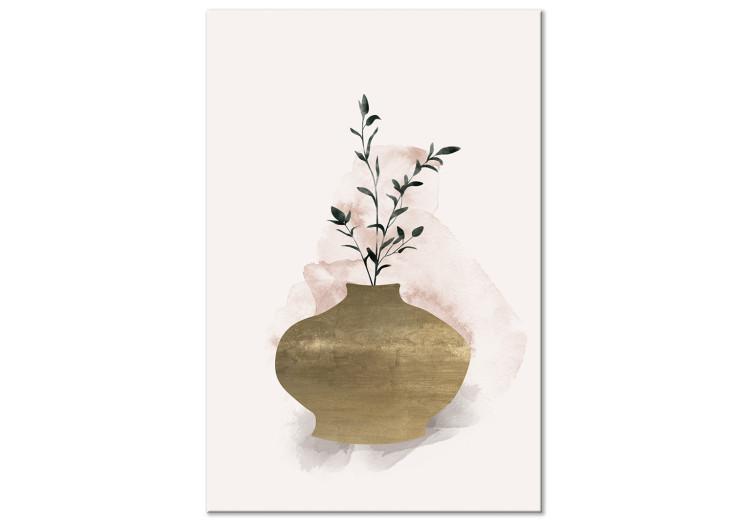 Canvas Brown Vase with Green Twig - Still Life in Scandi Boho Style