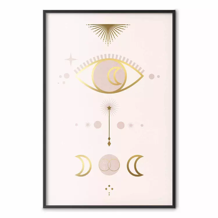 Magical Evening - golden abstraction with moons and an eye on a light background
