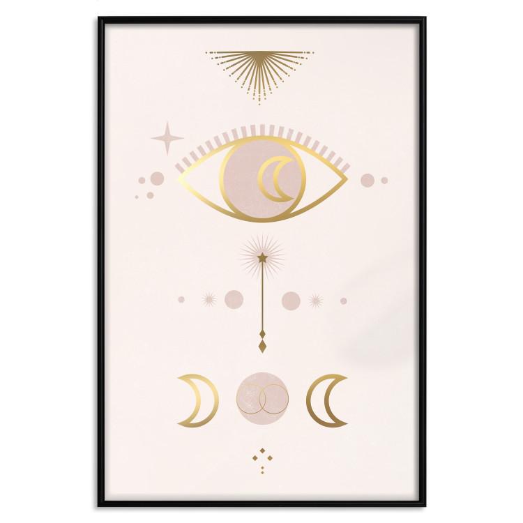 Poster Magical Evening - golden abstraction with moons and an eye on a light background
