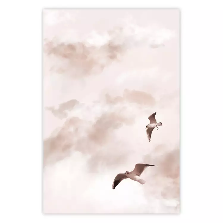 Poster Celestial Lovers - birds and clouds against a pink sky background