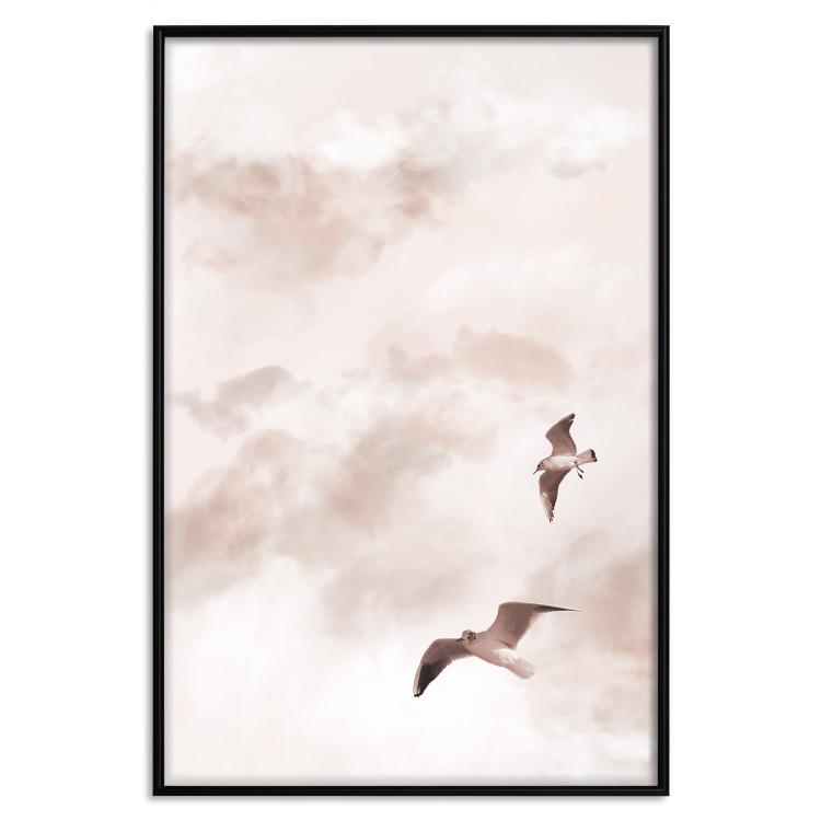 Poster Celestial Lovers - birds and clouds against a pink sky background