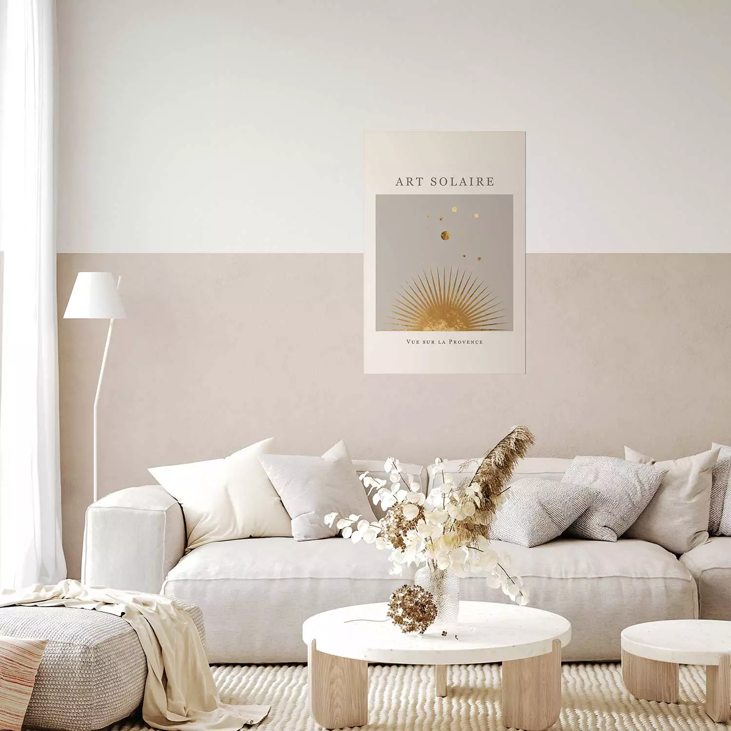 Poster Sunny Art - golden sun and dark text in scandi boho style
