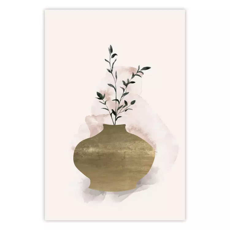 Poster Golden Vase - a simple composition with green foliage in a vase on a beige background
