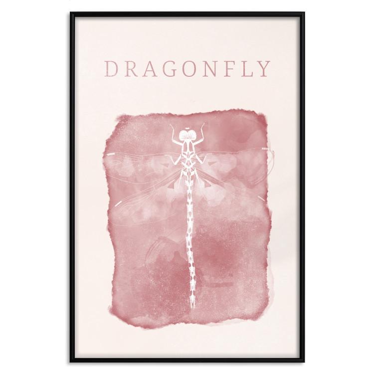 Poster Dragonfly's Delicacy - white insect on a pink background with text in scandi boho style