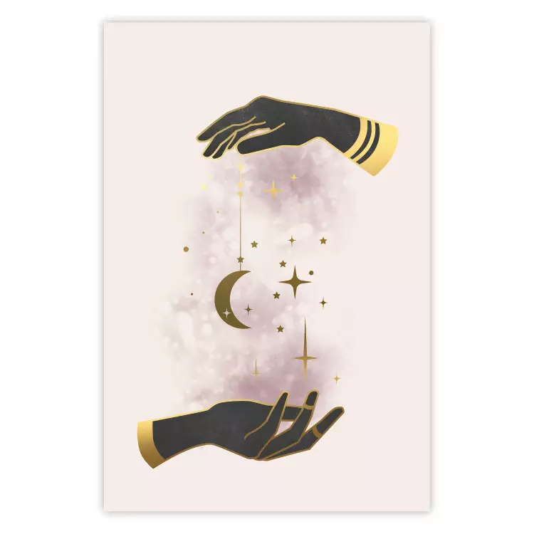 Poster Total Magic - extraordinary abstraction with hands and moon on a beige background