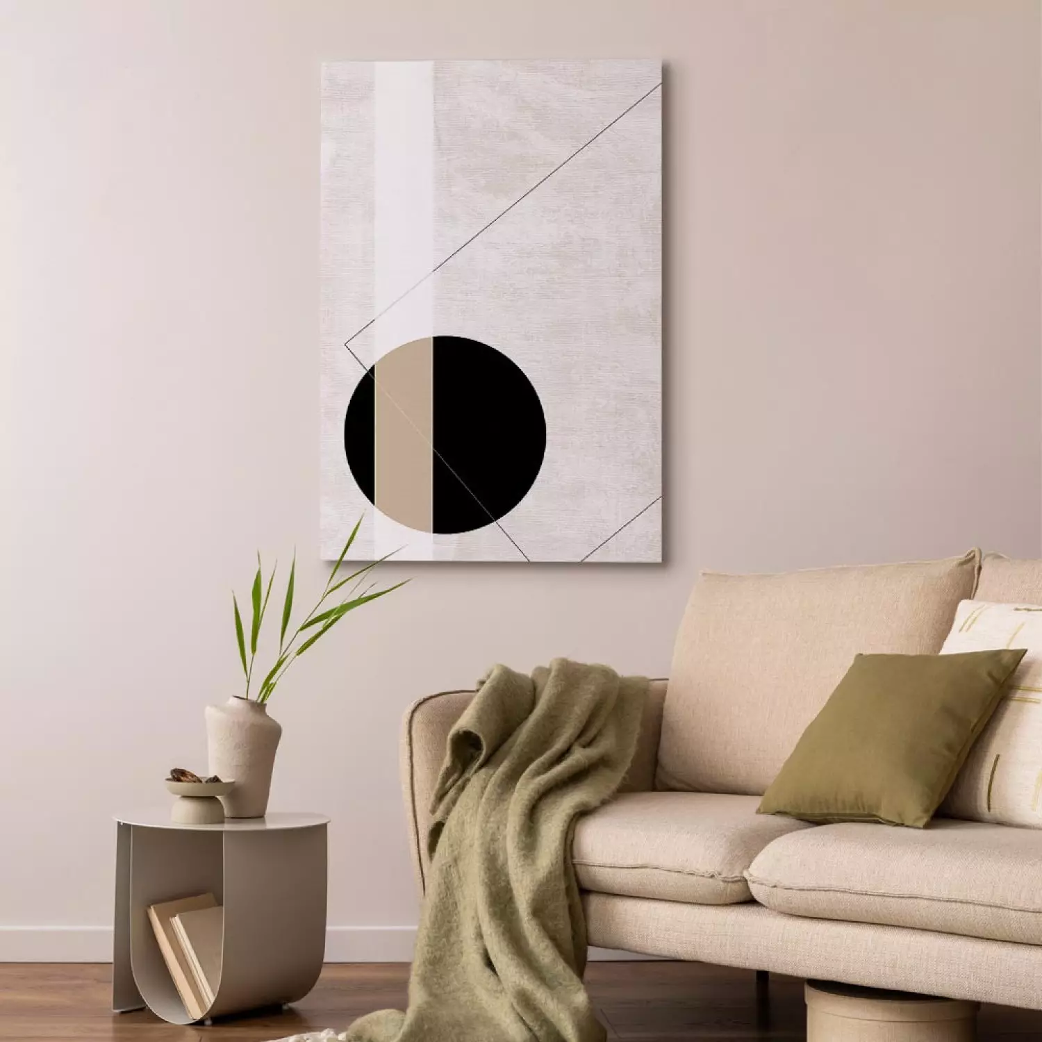 Canvas Print Black wheel - geometric abstraction on a beige background