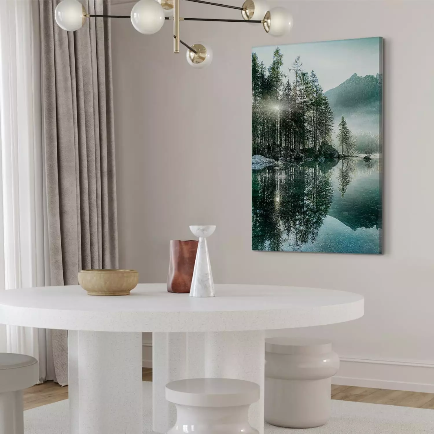 Canvas Morning by the Lake Vertical - mountain landscape scene