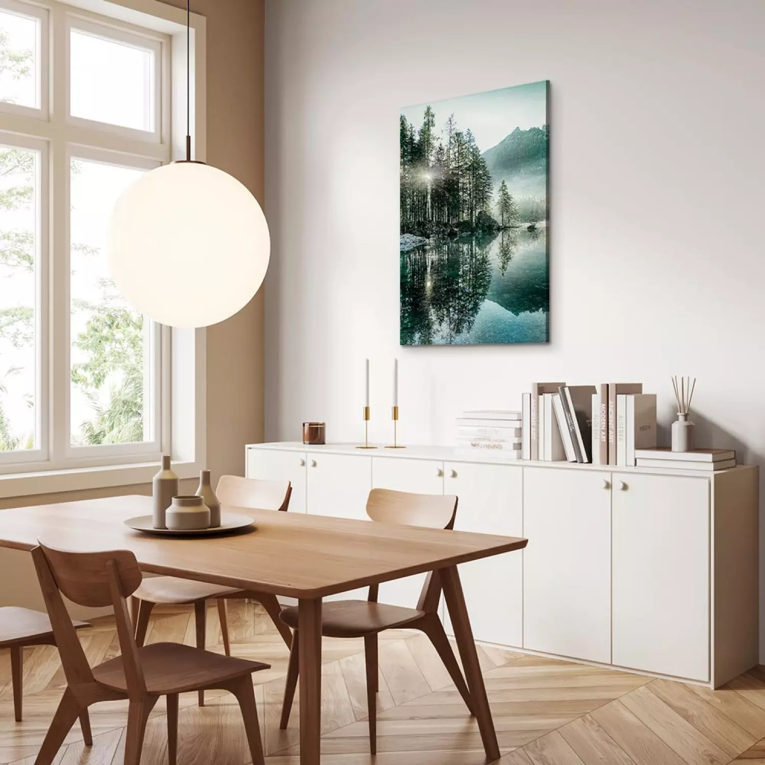 Canvas Morning by the Lake Vertical - mountain landscape scene