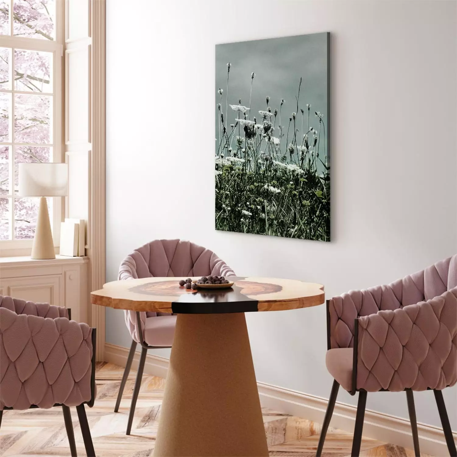 Canvas Field of white poppies - photo of landscape with gray sky